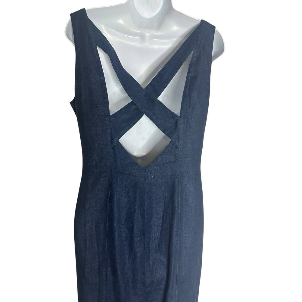 Vtg 90s Navy Blue 100% Linen Maxi Dress Button Front Open Back Resort Coastal 14 - Picture 5 of 15